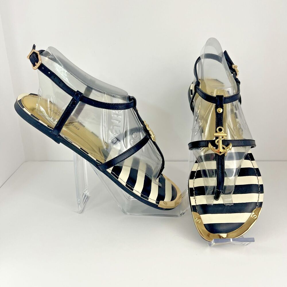 NEW Gianni Bini Open Toe Strappy Thong Sandals 6.5 Nautical Beach Black White - Picture 1 of 6